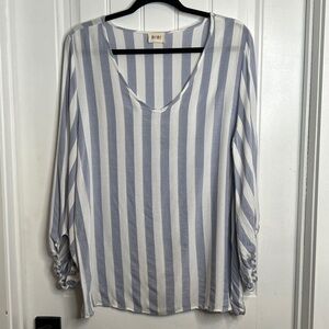 BiBi Blue White Elastic Long Sleeve V Neck Tunic Blouse. Size Large.